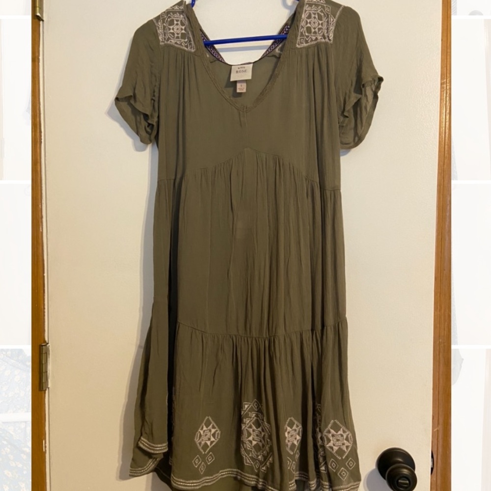 Olive green shift dress with embroidery